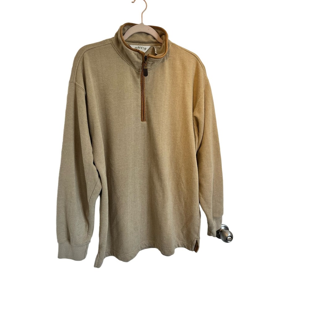 Orvis Sweater Mens Large Oatmeal Tan 1/4 Zip Leather Elbow Patch Pullover